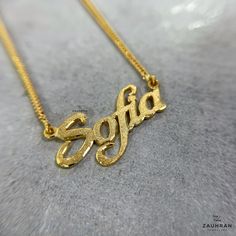 22K gold Name necklace handmade 7g   * All solid 22 carat gold * Gold weight is around 7 grams  * This item comes in a beautiful gift box * Handmade items can take up to 2 - 3 weeks Sofia Name Design, Sofia Name, Names Necklace, Gold Initial Pendant, Arabic Jewelry, Fancy Jewellery Designs, Name Necklaces, 22 Carat Gold, Gold Name Necklace