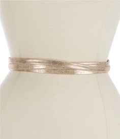 ADA 0.86" Metallic Leather Skinny Wrap Belt | Dillard's Chic Adjustable Rope Belt, Leather Party Belts, Elegant Rope Belt For Spring, Adjustable Chain Belt For Formal Occasions, Adjustable Leather Corset Belt For Party, Elegant Gold Corset Belt For Parties, Fitted Sashes For Spring, Adjustable Gold Belt For Formal Occasions, Adjustable Gold Belt For Formal Wear