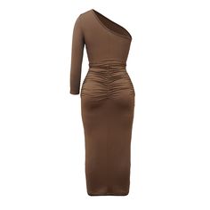 Coffee One Shoulder Slim Fit Bodycon Dress Brown Ruched Bodycon Dress For Date Night, Brown Bodycon Midi Dress For Date Night, Brown Ruched Bodycon Dress, Brown Sheath Bodycon Party Dress, Fitted Brown One Shoulder Midi Dress, Brown Bodycon Midi Dress, Fitted Bodycon Dress, Dresses Bodycon, Bodycon Dresses