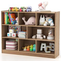 a book shelf with toys and books on it's sides, including an elephant