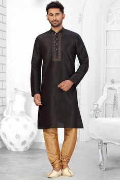 Buy Men's Art Silk Embroidered Kurta Set in Black Online Silk Anarkali, Large Dangle Earrings, Silk Clutch, Brocade Blouses, Anarkali Kurta, Silk Bottoms, Black Bottom, Nehru Jackets, Printed Trousers