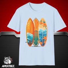 Embrace the beach vibes with this surfboard graphic tee. Perfect for those who love summer and surfing, this stylish t-shirt features a vibrant surfboard design, capturing the essence of ocean adventure and coastal living. Ideal for casual outings, beach days, or surf sessions, this tee is a must-have for surf enthusiasts and beach lovers alike. Comfortable and trendy, it makes a great addition to any wardrobe. Get ready to ride the waves with this coastal surfing t-shirt. Product Features: Fabrication: 100% ring-spun cotton - Light fabric (4.5 oz/yd² (153 g/m Seams: Without side seams Fit: Eurofit Sizing: Runs true to size Label: Tear-away label Blue Beach T-shirt With Front Print, Casual Short Sleeve T-shirt For Water Sports, Blue Summer T-shirt For Surfing, Crew Neck Tops For Water Sports In Summer, Summer Cotton T-shirt For Surfing, Summer Graphic Tee With Sublimation Design, Casual Tops For Water Sports In Summer, Casual Summer Tops For Water Sports, Surfing Crew Neck T-shirt With Front Print