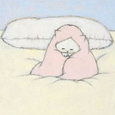 a pastel drawing of a pink teddy bear laying in bed with his head on the pillow