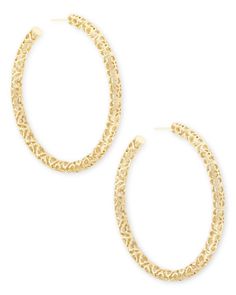 The Maggie Hoop Earrings combine this signature custom pattern with a trend we can't get enough of - hoops! These lightweight Gold hoop earrings can be flawlessly incorporated into your everyday style, no matter what kind of look you love. The intricate y Filigree Hoop Earrings, Gold Ear Jacket, Kendra Scott Earrings, Hoops Earrings, Gold Diamond Earrings, Earrings In Gold, Large Hoop Earrings, Gold Filigree, Kendra Scott Jewelry