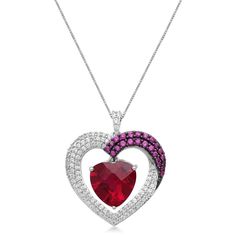 Sterling Silver Heart Pendant with 12 mm Heart shape Created Ruby in center framed with Round Created Ruby and Created White Sapphire, 18”.  - Heart Pendant Necklace with Heart shape Created Ruby framed with Round Created Ruby and Round Created White Sapphire.  - Includes 18” box chain. - All of our gemstones are conflict free. - Ruby is the traditional birthstone for those born in July. - Item is shipped in a beautiful JEWELILI gift box. Ruby Heart Pendant, Ruby Heart, Necklace Packaging, Necklace With Heart, Sterling Silver Heart Pendant, Ruby Jewelry, Sterling Silver Heart, White Sapphire, Box Chain