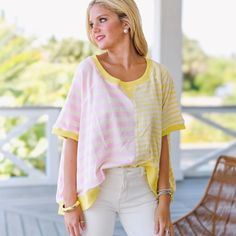 Pink And Yellow Striped Oversized Tee So Comfy Just Too Big On Me Never Worn Size M Yellow Color Block Tops For Beach, Oversized Yellow Summer Tops, Yellow Color Block Tops For The Beach, Chic Oversized Yellow Top, Yellow Summer Tops For Daytime, Oversized Summer Tops For Daytime, Oversized Tops For Summer Daytime, Oversized Yellow Tops For The Beach, Peach Love