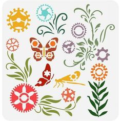 an image of flowers and butterflies on a white background with green, orange, red, and yellow colors