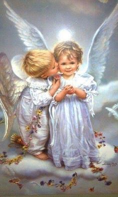 an image of two children with angel wings hugging each other on a white cloud background