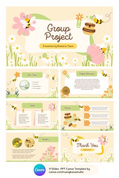 a bunch of flowers and bees on a yellow background with the words group project written below