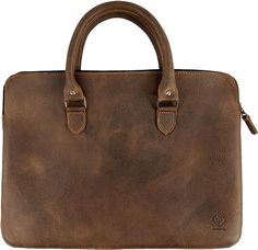 a brown leather bag with two handles on the front and one has a zippered closure