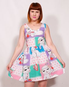 "Oh my gosh, you guys! Do you remember Lambchop? That adorable puppet that taught all us 90s kids about good deeds and friendship? Celebrate her awesomeness in this great dress made from like-new, printed kids sheets. The dress is fitted on top with two side bust darts. Sleeves and neckline are finished with a half-facing. The bottom of the dress has been gathered at the waist and flares out slightly. There is a long zipper in the center back so that you can, you know, take it on and off. This d Cotton Dresses With Graphic Print In Cute Style, Cute Character Print Dress For Sleepover, Summer Cartoon Print Dress For Sleepover, Playful Cotton Dress With Character Print, Playful Cotton Dresses With Character Print, Cute Sleeveless Hello Kitty Print Dresses, Spring Cartoon Print Fun Dress, Cute Summer Dresses With Graphic Print, Playful Cotton Dress With Hello Kitty Print