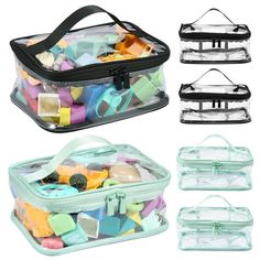 four clear storage bags filled with assorted colored plastic objects and zippered closures