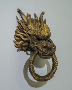 a brass lion head door knockle on a white wall with a circular ring in the middle