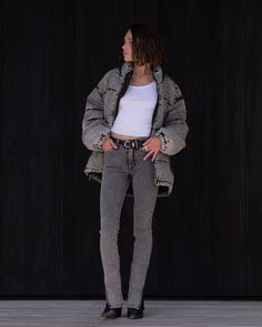 made for everyone, the denim puffer. designed to have the cozy feel of your favorite puffer jacket, but with a denim twist. detailed black stitching and zippers on either side of the jacket are meant create a perfect fit. compliments the slim straight leg jean in faded grey wash. Trendy Gray Winter Jeans, Trendy Gray Jeans For Winter, Urban Gray Jeans For Winter, Winter Washed Black Outerwear With Zipper Closure, Washed Black Winter Outerwear With Zipper Closure, Recycled Yarn, Grey Wash, Grey Denim, Embossed Logo