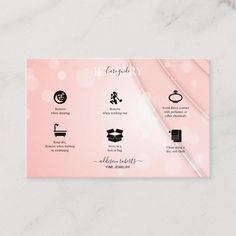 a pink business card with icons on it