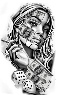 a drawing of a woman holding two dices with money on the table behind her