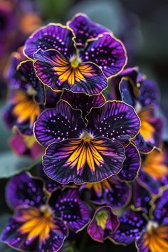 purple and yellow flowers with green leaves in the background