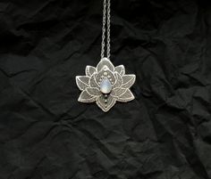 Lotus Pendant - Water Lily Necklace - Silver Flower Necklace - Moonstone Necklace - Heart Chakra Necklace Handmade Holistic Moonstone Jewelry, Symbolic Silver Moonstone Necklaces, Silver Moonstone Necklace With Symbolic Style, Silver Moonstone Symbolic Jewelry, Silver Symbolic Moonstone Jewelry, Symbolic Moonstone Jewelry As A Gift, Oxidized Moonstone Jewelry Gift, Oxidized Moonstone Jewelry As Gift, Moonstone Jewelry With Oxidized Finish For Gift