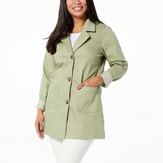 DG2 by Diane Gilman New Classic Stretch City Coat Balancing function and fashion, this denim topper combines the traditional look of a trench coat with the classic cool of a jean jacket. It's the perfect transitional piece for all of your spring and summer styles. Classic Spring Utility Jacket For Work, Classic Utility Jacket With Buttoned Pockets For Spring, Classic Spring Utility Jacket With Button Closure, Spring Utility Jacket For Workwear, Casual Solid Outerwear With Hidden Button Closure, Single Breasted Spring Utility Outerwear, Single Breasted Utility Outerwear For Spring, Spring Single-breasted Cotton Outerwear, Spring Outerwear With Hidden Button Closure And Relaxed Fit