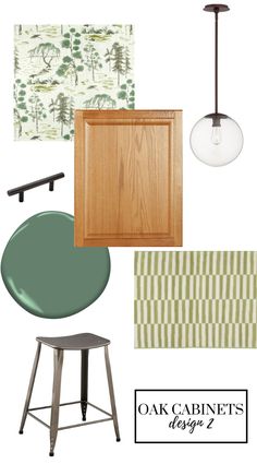 an assortment of furniture and wallpapers with the words oak cabinets, green chairs