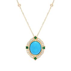 Make a luxurious statement on your neckline with this eye-catching CIRARI pendant with chain. It showcases an 11x9mm oval turquoise, which is surrounded by a halo of 20 brilliant-cut round diamonds and four square emeralds. There's even two diamond stations on the chain. You'll love the gorgeous color, sparkle and shine! All of the compliments you'll receive are nice, as well. The exquisite piece is expertly crafted in 14K yellow gold with a polished finish that offers across-the-room gleam. Luxury Yellow Gold Turquoise Necklace, Luxury Oval Cabochon Necklace, Luxury Round Turquoise Necklace, Luxury Turquoise Round Necklace, Elegant Turquoise Cabochon Pendant Necklace, Elegant Oval Cabochon Emerald Necklace, Elegant Turquoise Cabochon Necklace, Elegant Turquoise Oval Pendant Jewelry, Luxury Turquoise Gemstone Necklace