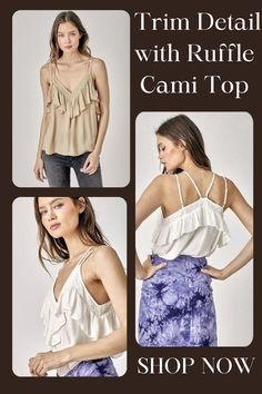 Introducing our Trim Detail with Ruffle Cami Top, a charming and versatile addition to your summer wardrobe. This cami top features delicate trim detailing along the neckline and straps, adding a touch of elegance to your outfit. The ruffle accents give it a playful and feminine flair, making it perfect for various occasions, from brunch with friends to date night. Ruffle Cami Top, Brunch With Friends, Planet Fitness Workout, Vegan Fashion, Knitted Tops, Mustard Seed, Trim Detail, Cami Tanks, Cami Top