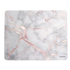 a white marble mouse pad with pink and grey streaks on the surface that looks like it has been made out of paper