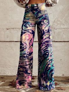 Reworking Clothes, Paint Jeans, Painted Pants, Grunge Pants, Customized Clothes, Pretty Jeans, Retro Flower Pattern, Sick Clothes, Casual Wide Leg Pants