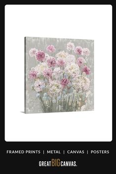 some pink and white flowers are in a vase on a black and white background with the words, framed prints metal canvass