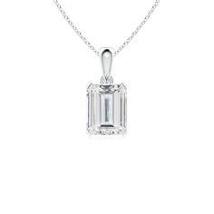 The emerald-cut lab-grown diamond is mounted in a four prong setting and linked to a plain bale.This solitaire pendant is crafted in 14k white gold. Classic White Gold Solitaire Necklace With Radiant Cut, Classic Radiant Cut Solitaire Necklace In White Gold, Classic White Gold Radiant Cut Solitaire Necklace, Anniversary Solitaire Necklace With Emerald Cut In Prong Setting, Anniversary Emerald Cut Solitaire Necklace With Prong Setting, Emerald Cut Solitaire Necklace For Anniversary With Prong Setting, Emerald Cut Solitaire Necklace With Prong Setting For Anniversary, Emerald Cut Solitaire Diamond Necklace For Anniversary, Fine Jewelry Emerald Cut Solitaire Necklace With Prong Setting