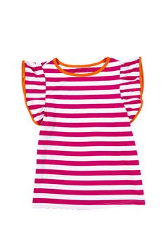 Material:50%Viscose+45%Polyester+5%Elastane • Elevate your casual look with this tee featuring chic striped design and eye-catching contrast binding, perfect for adding a touch of style to your everyday outfits. • Stand out in the crowd with the unique butterfly sleeves that add a playful and feminine touch to this top, making it a versatile piece for both casual outings and special occasions. • The ruffle sleeve detail adds a trendy and elegant flair to this tee, creating a stylish silhouette t Playful Striped T-shirt For Spring, Playful Ruffled T-shirt For Summer, Pink Short Sleeve Top With Striped Collar, Trendy Spring T-shirt With Vertical Stripes, Summer Short Sleeve Tops With Striped Hem, Short Sleeve Tops With Striped Hem For Summer, Summer Striped Hem Short Sleeve Tops, Red Vertical Stripes Tops For Spring, Red Vertical Stripes Top For Spring