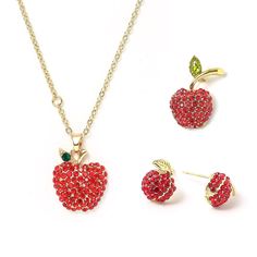 Apple Jewelry, Apple Set, Apple Necklace, Elegant Brooch, Apple Earrings, Women's Jewelry Sets, Gift For Mother, Rhinestone Jewelry, Retirement Gifts