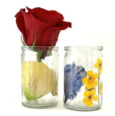 two glass jars with flowers in them on a white surface, one has red rose and the other has yellow pansies