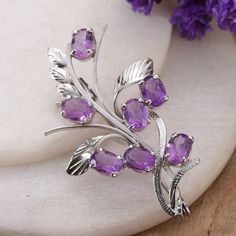 Faceted amethyst, the birthstone of February, casts an enchanting spell in this brooch pin crafted in India. Presented by Alok Jain, the design is made from rhodium-plated sterling silver and faceted purple stones, totaling seven carats and representing your blossoming wisdom. Upcycled Handbag, Ear Cuff Jewelry, Silver Brooch Pin, Cotton Handbag, Curated Gift Boxes, Sterling Silver Brooch, Men's Jewelry Rings, Purple Stones, Silver Brooch