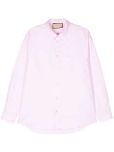 light pink cotton signature Double G logo embroidery button-down collar long sleeves with buttoned cuffs chest patch pocket curved hem front button fastening Gucci Collared Shirt For Spring, Gucci Spring Collared Shirt, Spring Gucci Collared Shirt, Gucci Cotton Shirt For Work, Gucci Spread Collar Shirt For Work, Gucci Cotton Shirt For Workwear, Gucci Cotton Shirt For Spring, Gucci Collared Shirt For Work, Spring Gucci Cotton Shirt