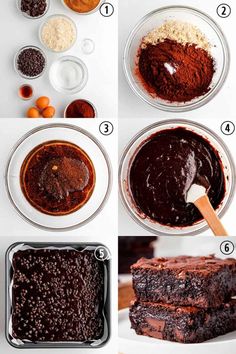 the steps to making chocolate brownies are shown in different bowls and on top of each other