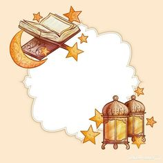 an islamic lantern and book with stars around it