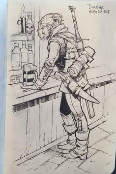 a drawing of a man with a knife in his hand standing at a bar counter