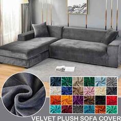 the velvet plush sofa cover is shown in multiple colors and sizes, along with various patterns