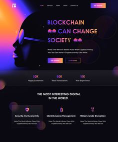 the wordpress website for blockchain is displayed in purple and pink colors, with an image of a woman's head