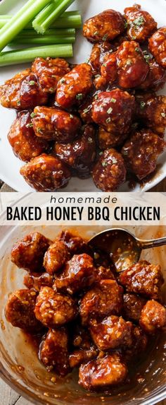 baked honey bbq chicken is served on a plate with celery