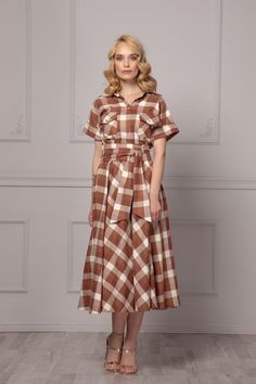 Gorgeous Summer Party Midi Dress, Wide Sleeves Waistline Dress, Beige and Brown Plaid Walking Skirt, Buffalo Belted Wedding Guest Dress - Etsy Brown Cotton Midi Dress For Work, Fall Cotton Midi Dress In Brown, Brown Cotton Midi Dress For Fall, Fitted Plaid Midi Dress For Daywear, Brown Cotton Midi Dress For Daywear, Plaid Midi Dress For Daywear, Plaid Midi Length Dress For Daywear, Brown Short Sleeve Midi Dress For Daywear, Fitted Brown Plaid Dress For Spring