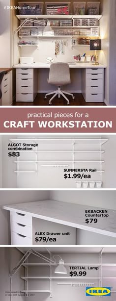 an office desk with shelves and drawers on the bottom, below it is a poster for craft workstation