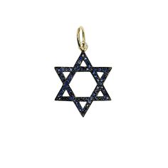 "This meaningful pendant is the universal symbol of the Jewish star, known as the Star of David. The charm is composed of 14K solid gold and beautifully finished with AAA quality natural real round brilliant cut blue sapphires which are accented with black rhodium detailing. ♦ Star of David Dimensions: approximately 15mm (W) x 15mm (L) not including the bail x 1.15mm thickness ♦ Weight: approximately 1.5 grams of 14K solid gold ♦ Metal Finish: High Shine Polish ♦ This design is available in Rose 14k Gold Celestial Star Of David Jewelry, Yellow Gold Star Of David Charms Jewelry, Solid Gold Charms, Jewish Star, Star Sign, Black Rhodium, Star Of David, Gold Charm, Star Signs