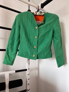 Very good vintage condition, there is a minor stain on the sleeve back. Green Fitted Casual Blazer, Fitted Green Cotton Blazer, Fitted Green Cotton Outerwear, Retro Green Blazer For Spring, Vintage Green Spring Outerwear, Vintage Green Fall Blazer, Green Cropped Fitted Outerwear, Cropped Green Outerwear For Work, Green Cropped Outerwear For Work