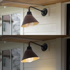 two lights that are on the side of a house, one is brown and white