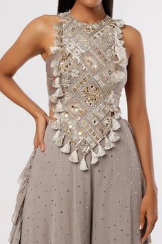 Grey georgette bandhani bustier with embroidered yoke. Comes with Mukaish georgette frill sharara. - Aza Fashions Bohemian Sharara With Intricate Embroidery For Party, Bohemian Embroidered Sharara For Parties, Bohemian Party Sharara With Intricate Embroidery, Bohemian Sequined Choli For Reception, Fitted Bohemian Sharara With Mirror Work, Bohemian Embellished Georgette Lehenga, Sleeveless Georgette Choli For Festivals, Sleeveless Georgette Choli With Intricate Embroidery, Payal Singhal