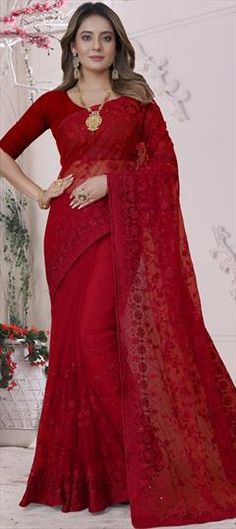 Red and Maroon color Saree in Net fabric with Embroidered, Resham, Stone, Thread work Formal Red Lehenga With Intricate Embroidery, Red Dupatta With Resham Embroidery For Formal Events, Formal Red Semi-stitched Dupatta, Elegant Red Embroidered Fabric For Festive Season, Red Elegant Embroidered Fabric For Festive Season, Elegant Red Embroidered Saree, Elegant Red Embroidered Fabric For Wedding, Red Embroidered Fabric With Pallu For Reception, Red Bollywood Embroidered Fabric With Self Design