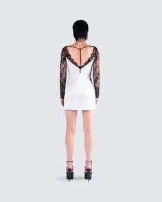 When it comes to looking classy, this white long-sleeved dress is all you need 🖤 Designed with satin charmeuse and lace fabric, this dress boasts a stylish V-neck with an adjustable cord and stopper and a sexy open back for a look that’ll make them wish they had you 😏 Black Off Shoulder Top, Lace Trim Dress, Black Off Shoulder, White Long Sleeve Dress, Trim Dress, Sleeved Dress, Mini Sweater Dress, Knit Crop, Off Shoulder Tops