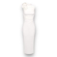 The MIRIAM Pleated Rose Decor Midi Dress is a sophisticated and elegant choice for any occasion. Crafted with a midi length and a flattering bodycon silhouette, this dress accentuates your natural curves. The 3D flower detail adds a touch of femininity to the mock neck design, while the sleeveless style keeps you cool and comfortable. Perfect for a formal event or a night out, this white dress is a must-have in your wardrobe. Fabric: Medium Stretch Material: Polyester, Elastane Elegant Ruched Bodycon Wedding Dress, Feminine Ruched Midi Bodycon Dress, Feminine Ruched Bodycon Midi Dress, Feminine Midi Length Bodycon Cocktail Dress, Elegant White Ruched Bodycon Dress, Elegant Ruched Bodycon Midi Dress, Spring Wedding Bodycon Dress In Feminine Style, Feminine Ruched Bodycon Evening Dress, Elegant Fitted Midi Dress For Garden Party